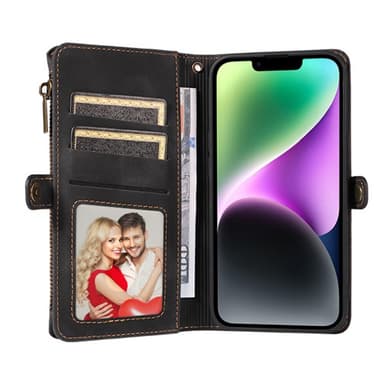 SKALO iPhone 15 Big Wallet 11-lokeroa Lompakkokotelo - Musta