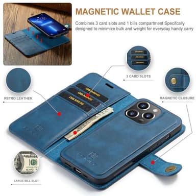 DG MING iPhone 15 Pro 2-in-1 magneetti lompakkokotelo - Sininen