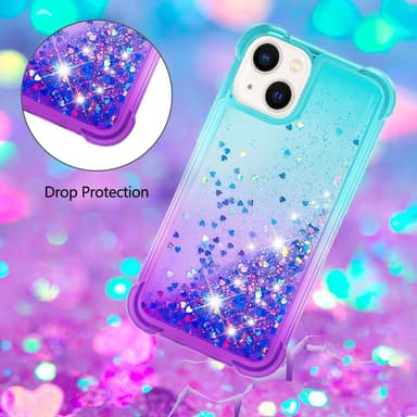 SKALO iPhone 15 Juoksuhiekka Glitter Sydämet TPU kuori - Turkoosi-Violetti