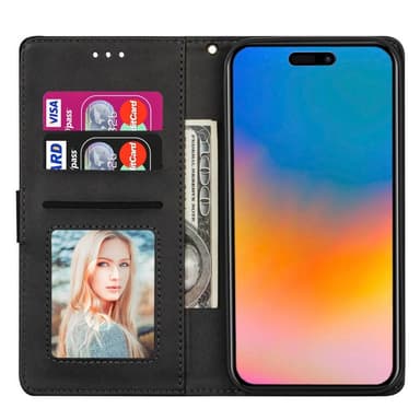 SKALO iPhone 15 Plus Lompakkokotelo PU-nahkaa vetoketjulla - Musta