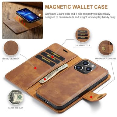 DG MING iPhone 15 Pro Max 2-in-1 magneetti lompakkokotelo - Ruskea