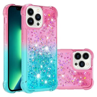 SKALO iPhone 15 Pro Max Juoksuhiekka Glitter Sydämet TPU kuori - Pinkki-Turkoosi