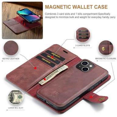 DG MING iPhone 15 2-in-1 magneetti lompakkokotelo - Punainen