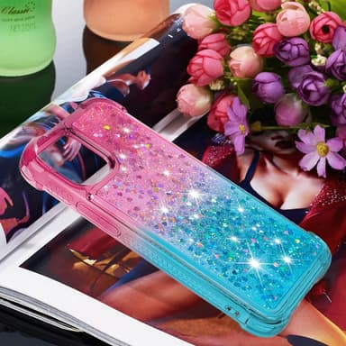 SKALO iPhone 15 Juoksuhiekka Glitter Sydämet TPU kuori - Pinkki-Turkoosi