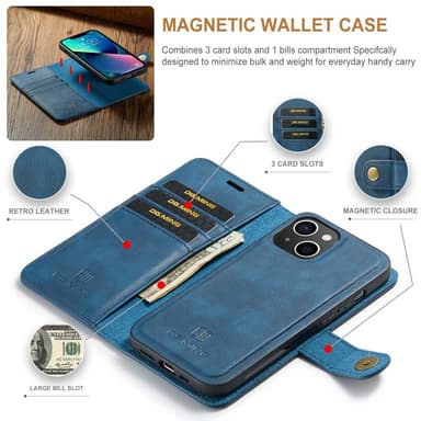 DG MING iPhone 15 2-in-1 magneetti lompakkokotelo - Sininen