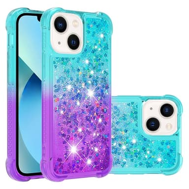 SKALO iPhone 15 Plus Juoksuhiekka Glitter Sydämet TPU kuori - Turkoosi-Violetti