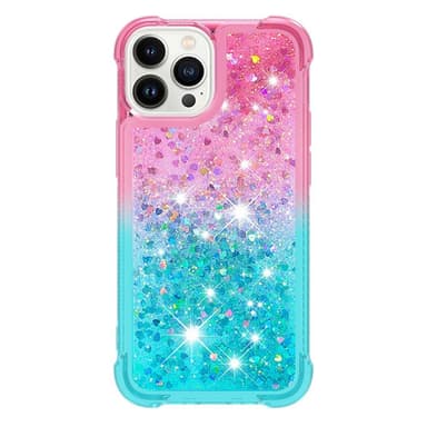 SKALO iPhone 15 Pro Max Juoksuhiekka Glitter Sydämet TPU kuori - Pinkki-Turkoosi