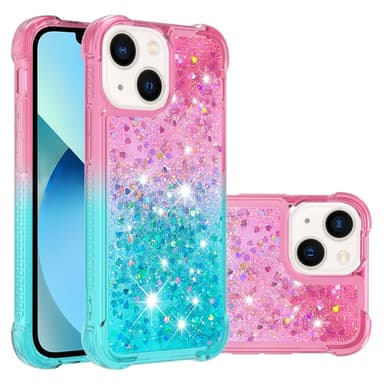 SKALO iPhone 15 Plus Juoksuhiekka Glitter Sydämet TPU kuori - Pinkki-Turkoosi