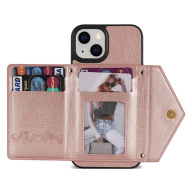 SKALO iPhone 15 PU-nahkainen Suojakuori Lompakolla - Pinkki