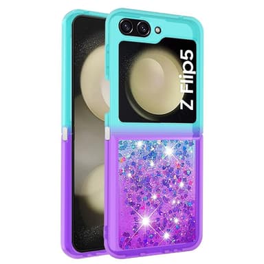 SKALO Samsung Z Flip5 Juoksuhiekka Glitter Sydämet TPU kuori - Turkoosi-Violetti