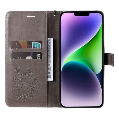 SKALO iPhone 15 Plus Mandala Butterfly lompakkokotelo - Harmaa