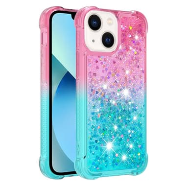 SKALO iPhone 15 Juoksuhiekka Glitter Sydämet TPU kuori - Pinkki-Turkoosi