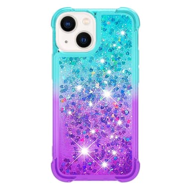 SKALO iPhone 15 Plus Juoksuhiekka Glitter Sydämet TPU kuori - Turkoosi-Violetti