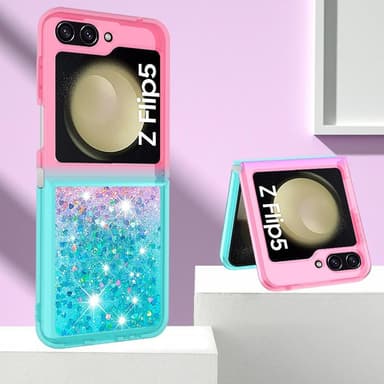 SKALO Samsung Z Flip5 Juoksuhiekka Glitter Sydämet TPU kuori - Pinkki-Turkoosi