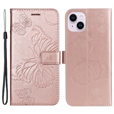 SKALO iPhone 15 Plus Mandala Butterfly lompakkokotelo - Ruusukulta