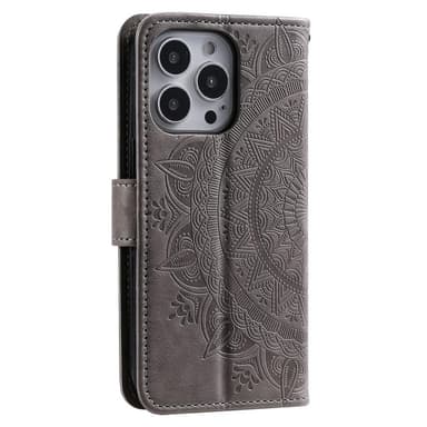 SKALO iPhone 15 Pro Mandala lompakkokotelo - Harmaa