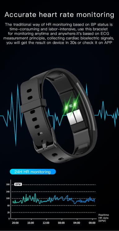 Fitness-aktiivisuusmittari, jossa on EKG-valvonta, syke, unimittari Musta