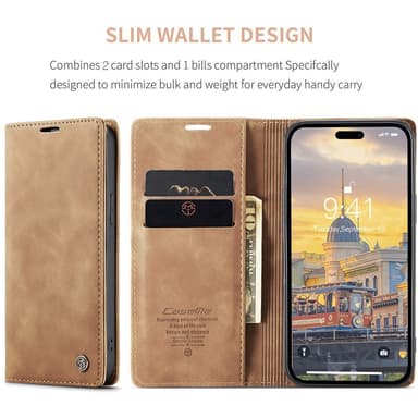 CASEME Retro Lompakkokotelo iPhone 15 Pro Max - Ruskea