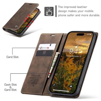 CASEME Retro lompakkokotelo iPhone 15 Pro Maxille - Kahvi