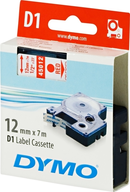 DYMO D1 merkkausteippi, 12mm, läpinäkyvä/punainen teksti, 7m - 4501