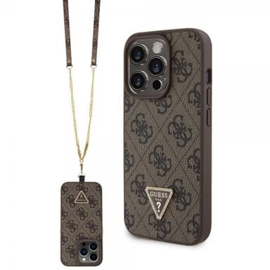 Guess iPhone 15 Pro Kuori Metal Logo Strass Crossbody Strap Ruskea