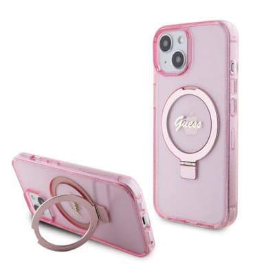 Guess iPhone 15 Kuori Ring Stand Glitter MagSafe Vaaleanpunainen