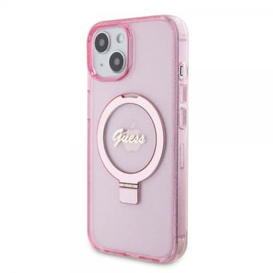 Guess iPhone 15 Kuori Ring Stand Glitter MagSafe Vaaleanpunainen