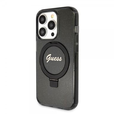 Guess iPhone 15 Pro Kuori Ring Stand Glitter MagSafe Musta