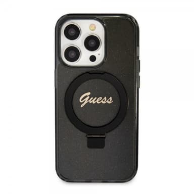 Guess iPhone 15 Pro Kuori Ring Stand Glitter MagSafe Musta