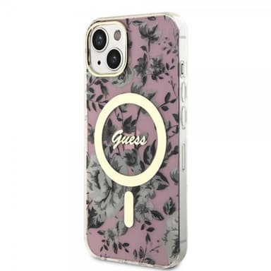 Guess iPhone 14 Kuori Flower MagSafe Vaaleanpunainen