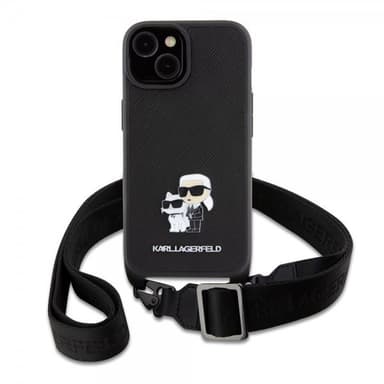 Karl Lagerfeld iPhone 15 Kuori Saffiano Karl & Choupette Crossbody Musta