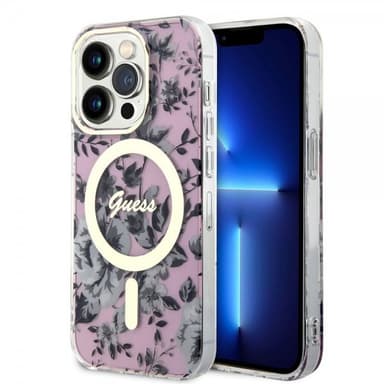 Guess iPhone 14 Pro Kuori Flower MagSafe Vaaleanpunainen