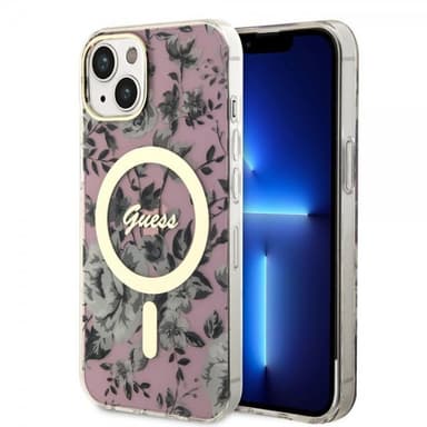 Guess iPhone 14 Kuori Flower MagSafe Vaaleanpunainen