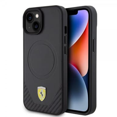 Ferrari iPhone 15 Plus Kuori Carbon PU Leather MagSafe Musta