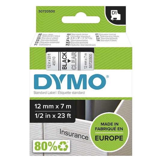 dymo D1 marking tape 12mm black text transparent tape 7m-45010