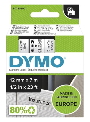 dymo D1 marking tape 12mm black text transparent tape 7m-45010