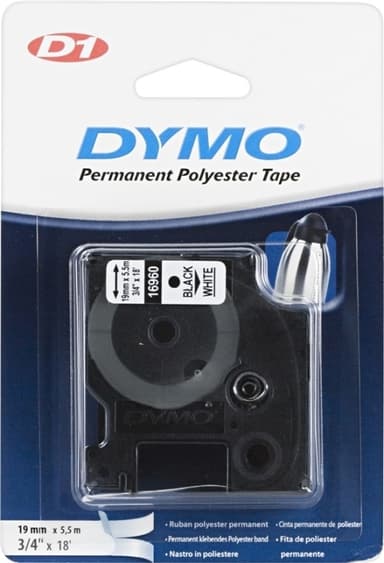 DYMO D1 merkkausteippi,perm.polyester,19 mm, valk/musta teksti, 5,5 m