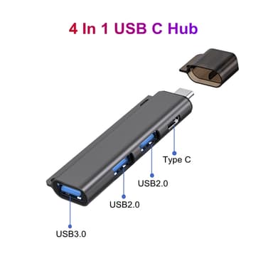 NÖRDIC 4-porttinen USB-C-keskitin 2xUSB-A 2.0, 1xUSB-A 3.1, 1xUSB-C 3.1