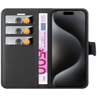 iPhone 15 PRO MAX Suojakuori Lompakkokotelo (Musta)