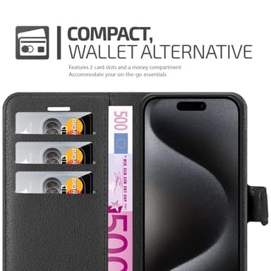 iPhone 15 PRO MAX Suojakuori Lompakkokotelo (Musta)