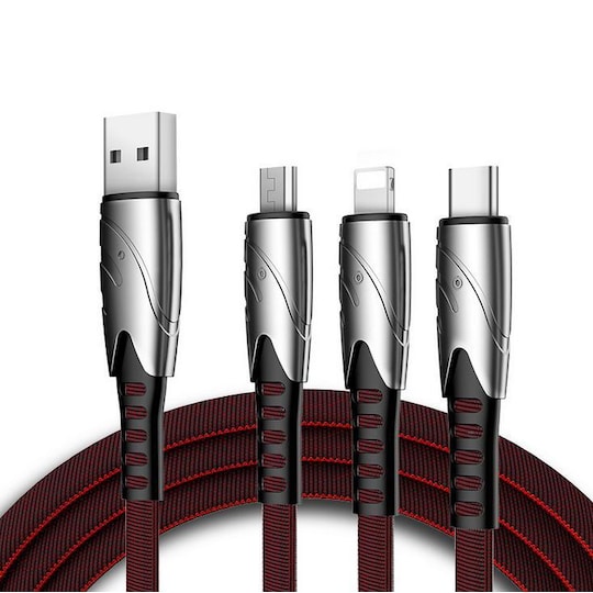 3-in-1-laturi 1,2 m USB-C: lle, mikro-USB: lle ja Lightningille - Musta / punainen