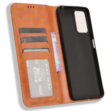 SKALO Motorola Moto E14 4G Kohokuvioitu Premium lompakkokotelo - Ruskea