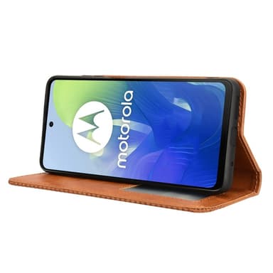 SKALO Motorola Moto E14 4G Kohokuvioitu Premium lompakkokotelo - Ruskea