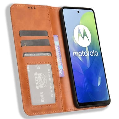 SKALO Motorola Moto E14 4G Kohokuvioitu Premium lompakkokotelo - Ruskea