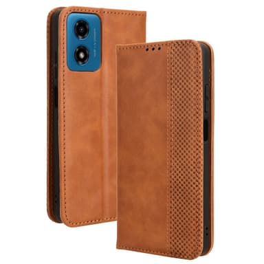 SKALO Motorola Moto E14 4G Kohokuvioitu Premium lompakkokotelo - Ruskea