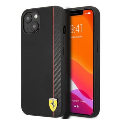 Ferrari iPhone 13 Mini Kuori Carbon Effect Metal Logo Vertical Stripe Musta