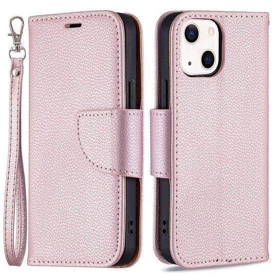 SKALO iPhone 13 Premium Litchi Lompakkokotelo - Ruusukulta