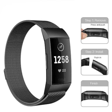 SKALO Milanese Loop to Fitbit Charge 3/4 - Musta