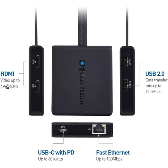 Cable Matters 1–6 USB-C-telakointiasema 2xHDMI 4K60Hz, 1xPD60W 1xRJ45 GigaLan ja 2xUSB-A, yhteensopiva Thunderbolt 3/4:n ja USB4:n kanssa