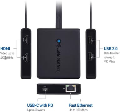 Cable Matters 1–6 USB-C-telakointiasema 2xHDMI 4K60Hz, 1xPD60W 1xRJ45 GigaLan ja 2xUSB-A, yhteensopiva Thunderbolt 3/4:n ja USB4:n kanssa